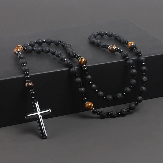 Cross-shaped religious necklace - The Mustard SeedCross-shaped religious necklaceTeem DropThe Mustard SeedSU00053178-8mm Black Volcanic Rock No. 2Cross-shaped religious necklacejewelry