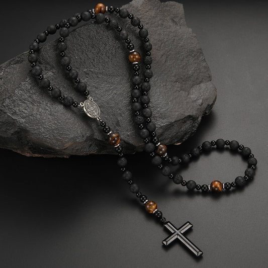 Cross-shaped religious necklace - The Mustard SeedCross-shaped religious necklaceTeem DropThe Mustard SeedSU00053178-8mm Black Volcanic Rock No. 2Cross-shaped religious necklacejewelry
