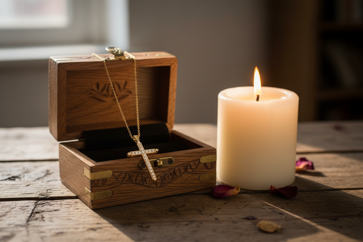 Gold Cross Necklace in Wooden Jewelry Box