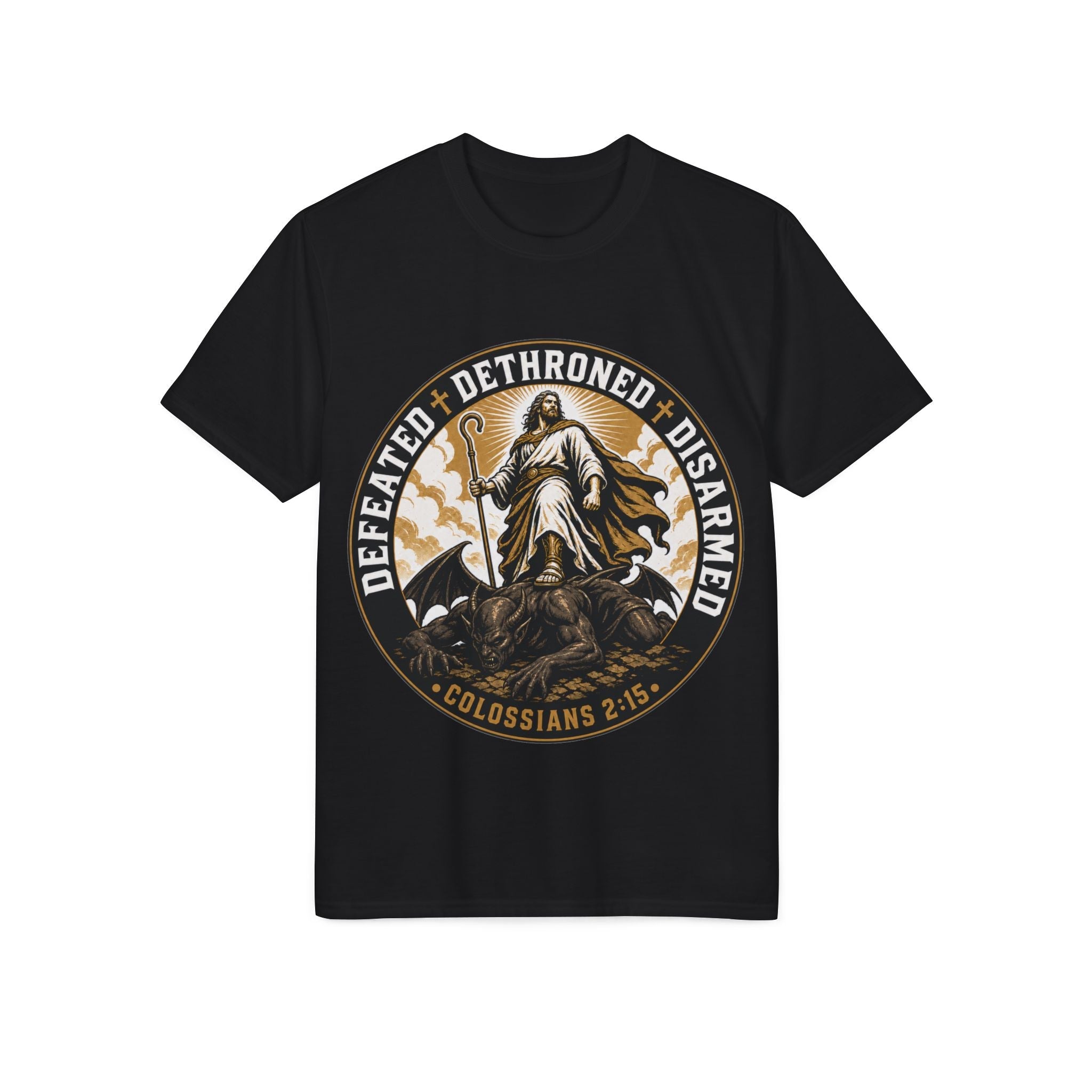 Defeated Dethroned Disarmed – Colossians 2:15 Christian Faith T-Shirt - The Mustard SeedDefeated Dethroned Disarmed – Colossians 2:15 Christian Faith T-ShirtPrintifyThe Mustard Seed23524620969213506763Defeated Dethroned Disarmed spiritual warfare tee in navy, Colossians 2:15T-Shirt