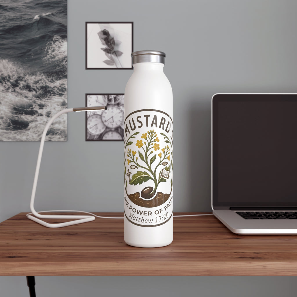 Slim Water Bottle — 'The Mustard Seed' Inspirational Faith Bottle (Matthew 17:20)