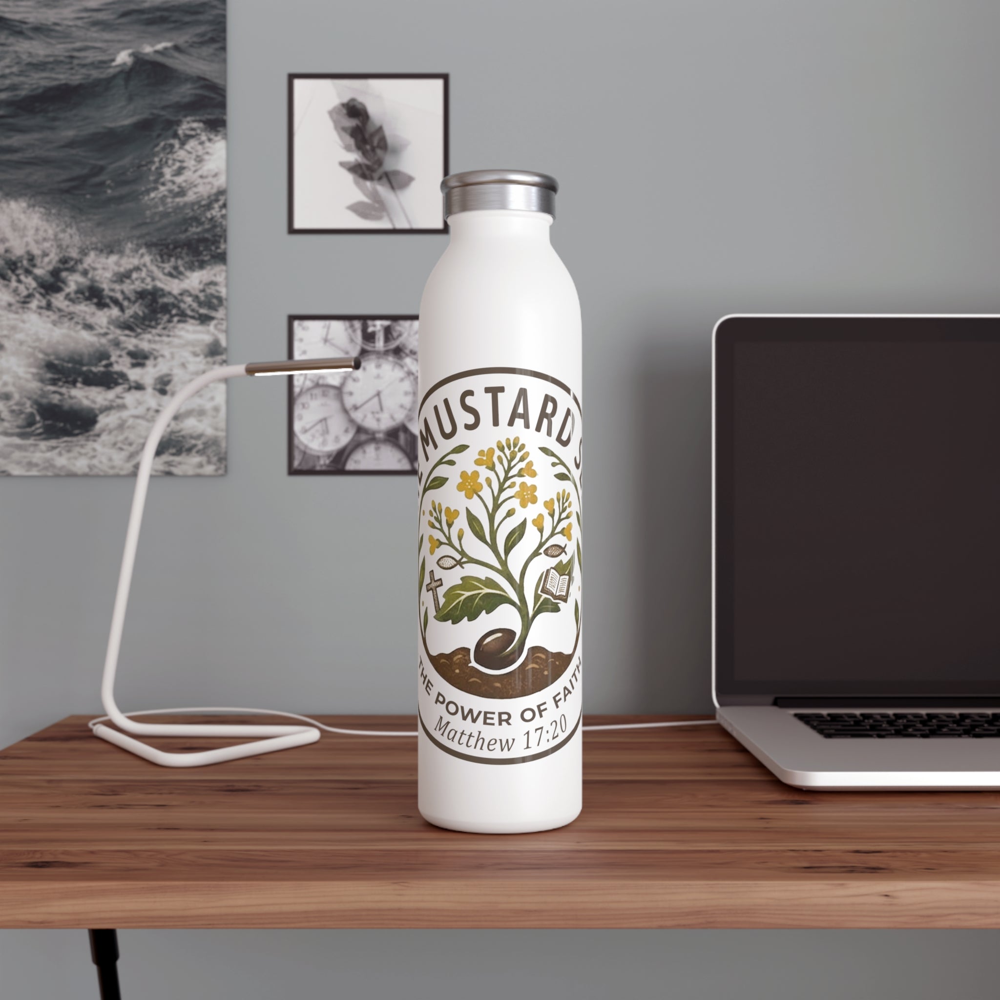 Slim Water Bottle — 'The Mustard Seed' Inspirational Faith Bottle (Matthew 17:20)