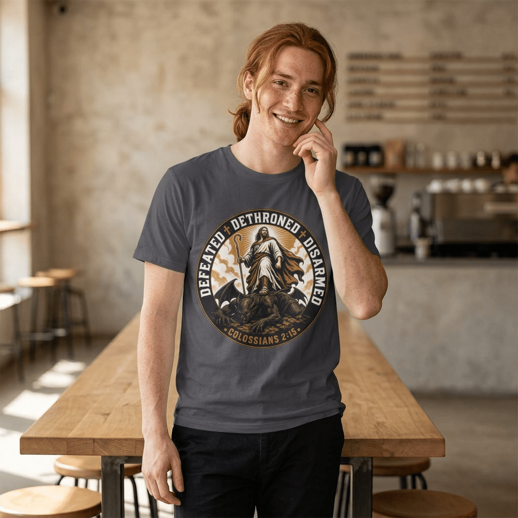 Defeated Dethroned Disarmed – Colossians 2:15 Christian Faith T-Shirt - The Mustard SeedDefeated Dethroned Disarmed – Colossians 2:15 Christian Faith T-ShirtPrintifyThe Mustard Seed23524620969213506763Defeated Dethroned Disarmed gold and cream chest emblem design, Colossians 2:15 Christian teeT-Shirt
