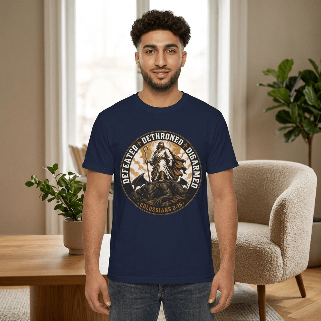 Defeated Dethroned Disarmed – Colossians 2:15 Christian Faith T-Shirt - The Mustard SeedDefeated Dethroned Disarmed – Colossians 2:15 Christian Faith T-ShirtPrintifyThe Mustard Seed23524620969213506763Close-up of the Defeated Dethroned Disarmed spiritual warfare emblem with cross detailT-Shirt