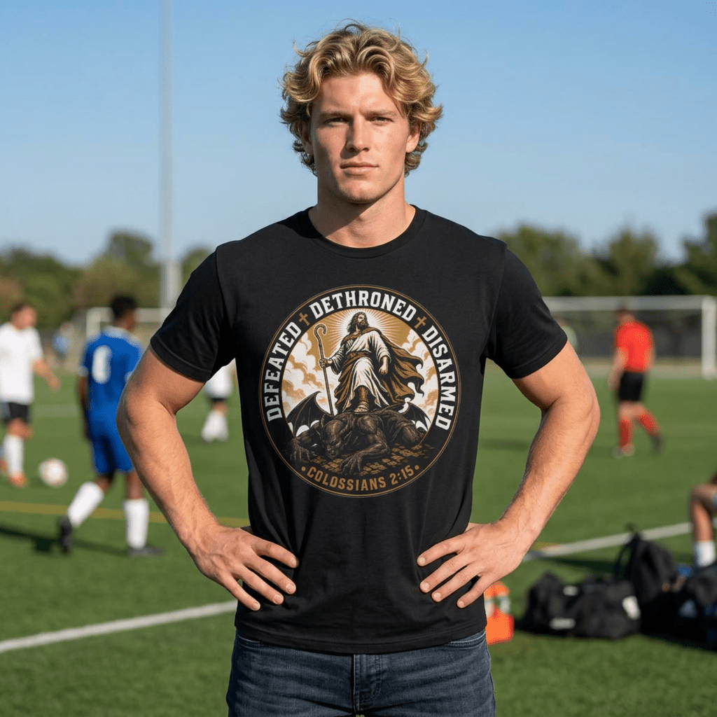 Defeated Dethroned Disarmed – Colossians 2:15 Christian Faith T-Shirt - The Mustard SeedDefeated Dethroned Disarmed – Colossians 2:15 Christian Faith T-ShirtPrintifyThe Mustard Seed23524620969213506763Defeated Dethroned Disarmed Christian emblem — Christ standing triumphant over the defeated enemy, Colossians 2:15T-Shirt