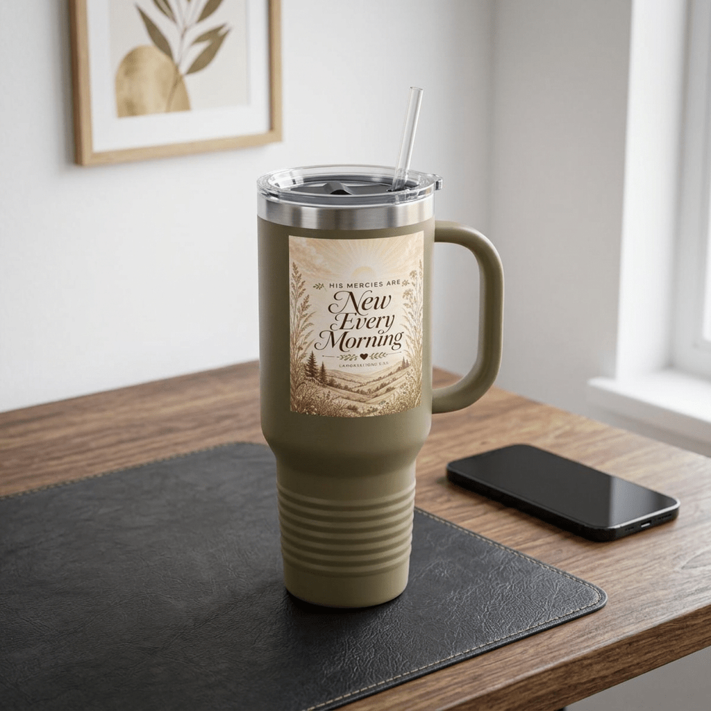 40oz Insulated Travel Tumbler with Handle — "New Every Morning" Inspirational Design - The Mustard Seed40oz Insulated Travel Tumbler with Handle — "New Every Morning" Inspirational DesignPrintifyThe Mustard Seed5068016139227614157440oz Insulated Travel Tumbler with Handle — "New Every Morning" Inspirational DesignMug