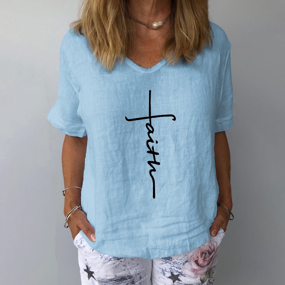 Light blue women's printed cotton linen V-neck shirt