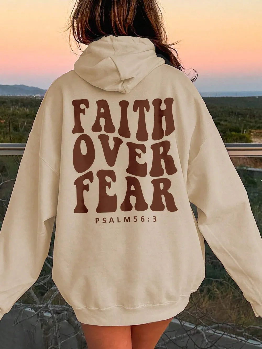 Faith Over Fear hoodie in dark brown, faith-inspired sweatshirt