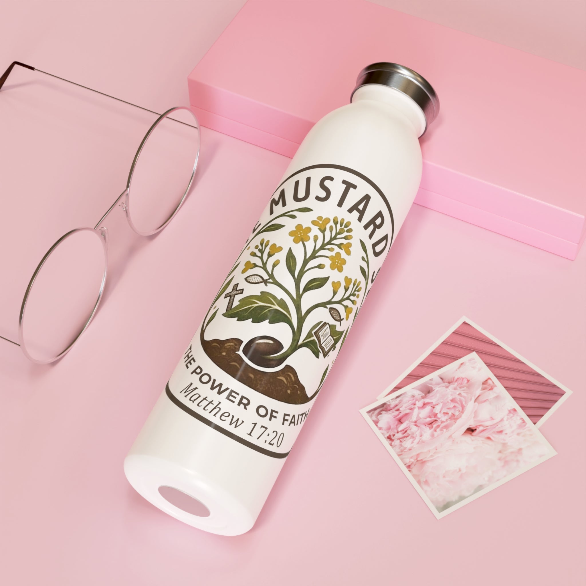 Slim Water Bottle — 'The Mustard Seed' Inspirational Faith Bottle (Matthew 17:20)