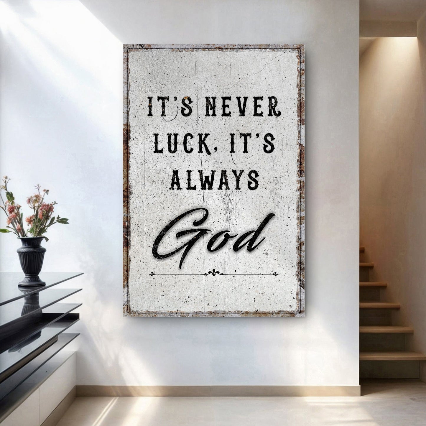 It's Never Luck, It's Always God – Christian Canvas Wall Art - The Mustard SeedIt's Never Luck, It's Always God – Christian Canvas Wall ArtThe Mustard SeedThe Mustard SeedNON-4622-A-370It's Never Luck It's Always God Christian wall art displayed beside a houseplantCanvas