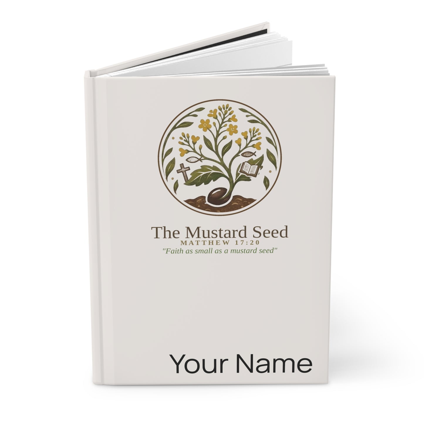 Personalized Christian notebook with mustard seed design