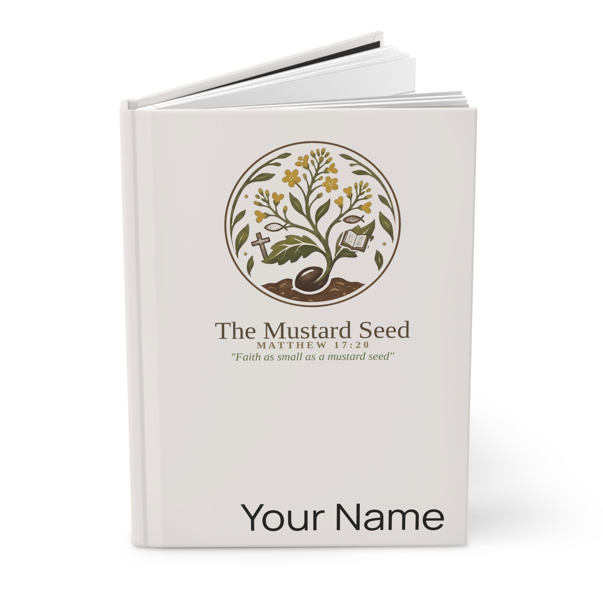 Personalized Christian notebook with mustard seed design