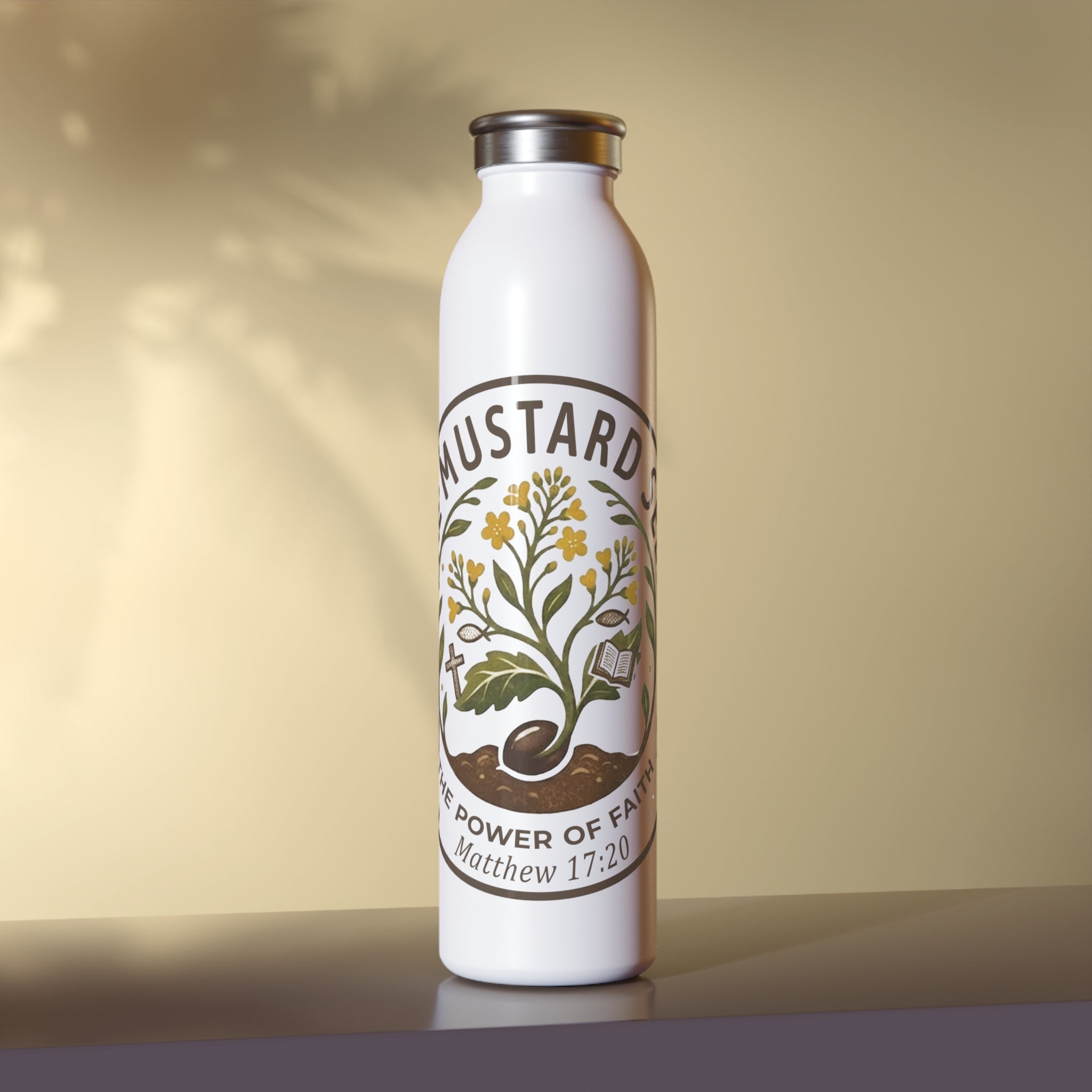 Slim Water Bottle — 'The Mustard Seed' Inspirational Faith Bottle (Matthew 17:20)