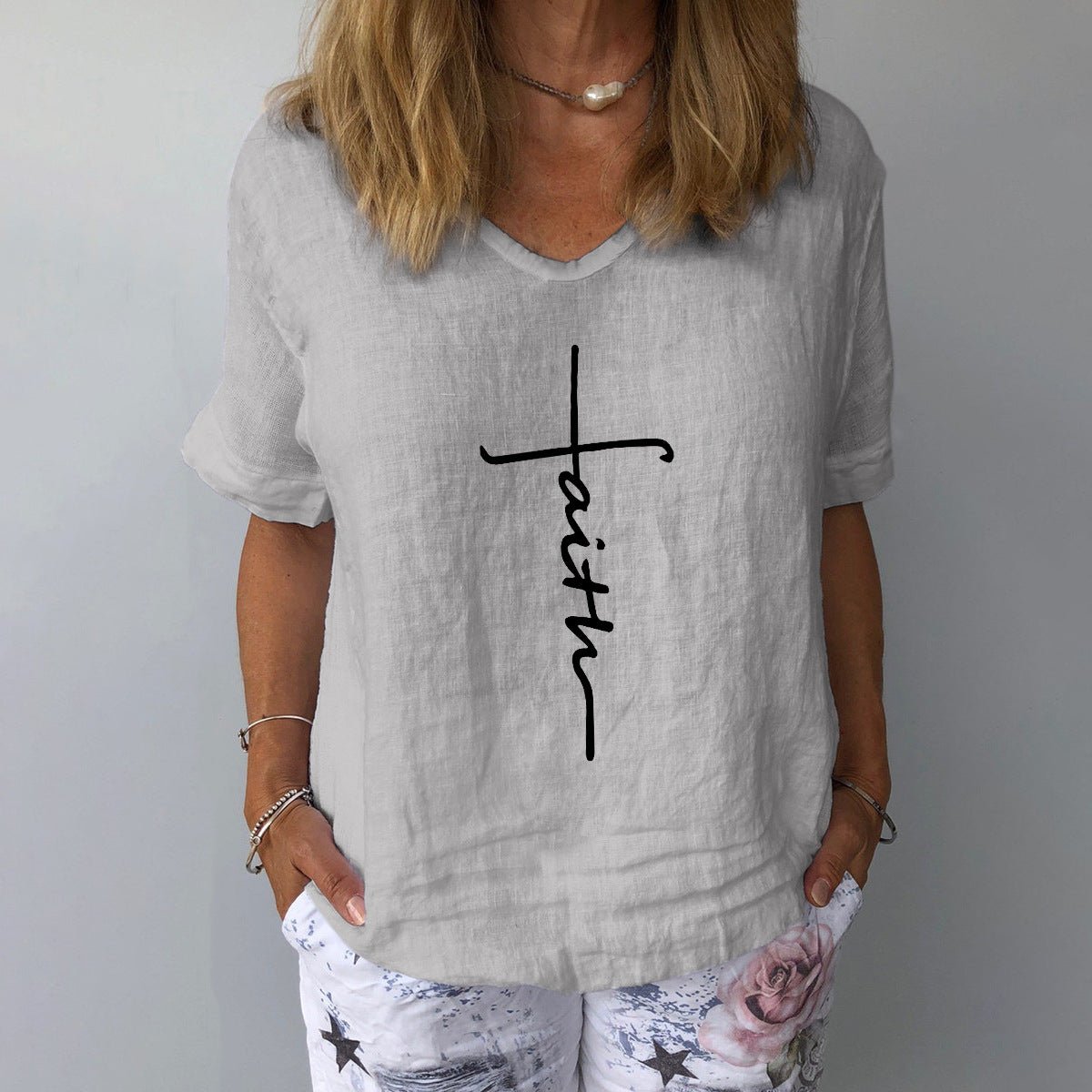 Women's Printed Cotton Linen Shirt — Relaxed V-Neck Top - The Mustard SeedWomen's Printed Cotton Linen Shirt — Relaxed V-Neck TopTeem DropThe Mustard SeedSU00349983-Grey-XXLWomen's Printed Cotton Linen Shirt — Relaxed V-Neck TopClothing