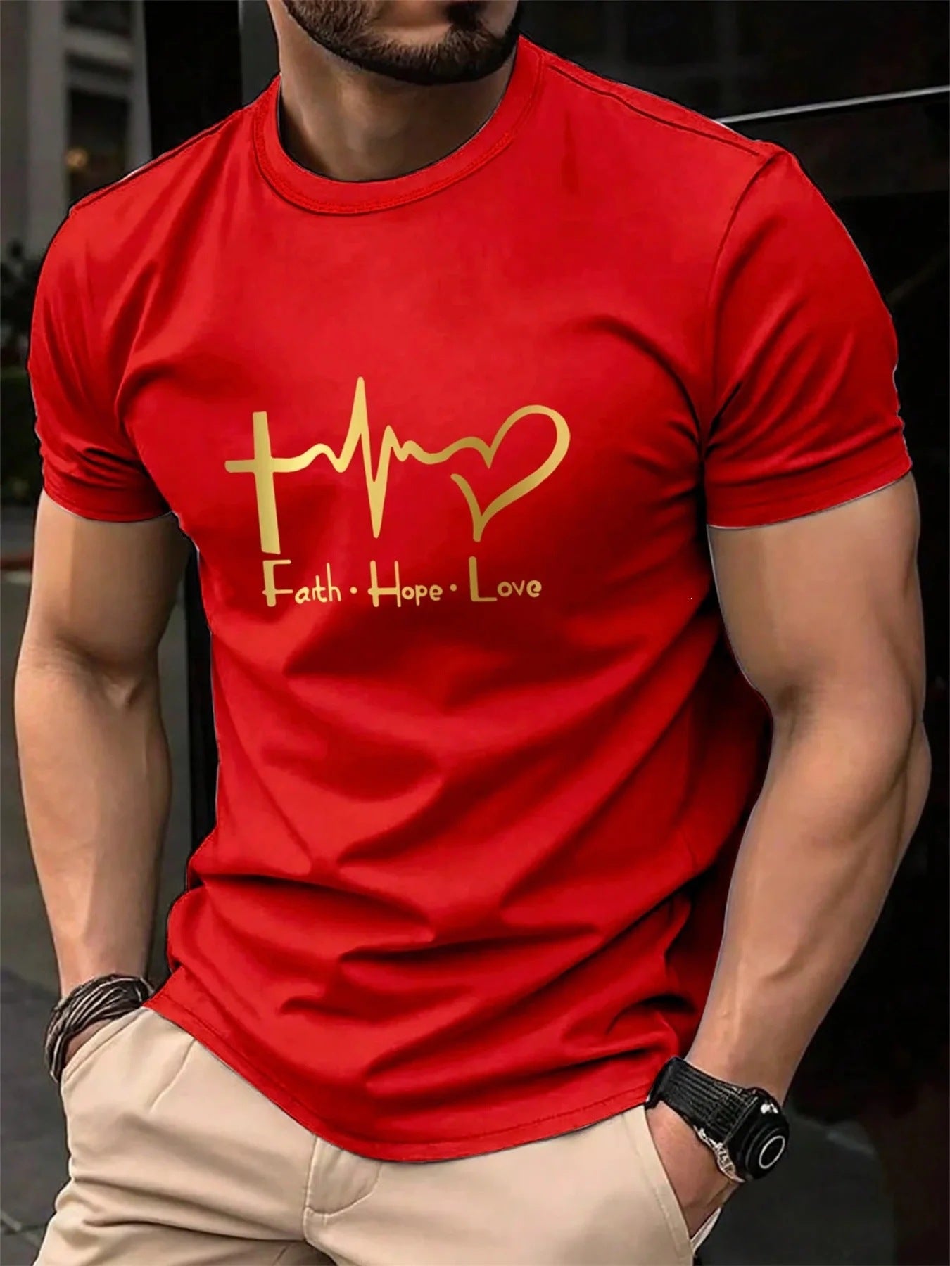 Red Faith Hope Love printed tee for men, large