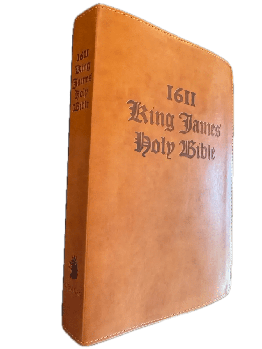 1611 King James Bible in tan, angled view