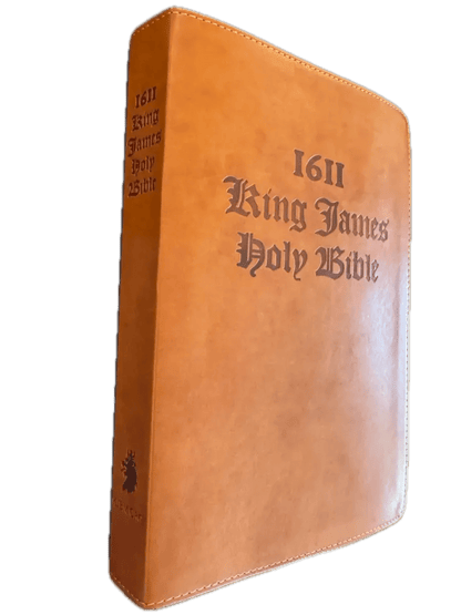1611 King James Bible in tan, angled view