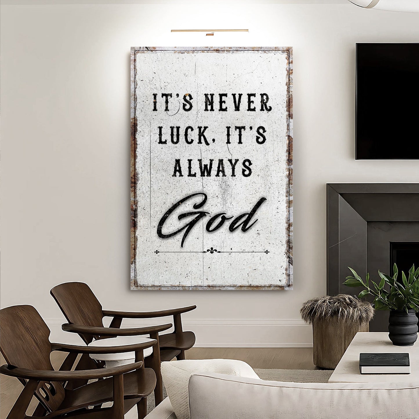 It's Never Luck, It's Always God – Christian Canvas Wall Art - The Mustard SeedIt's Never Luck, It's Always God – Christian Canvas Wall ArtThe Mustard SeedThe Mustard SeedNON-4622-A-370It's Never Luck It's Always God faith wall art in a living room with rattan chairsCanvas