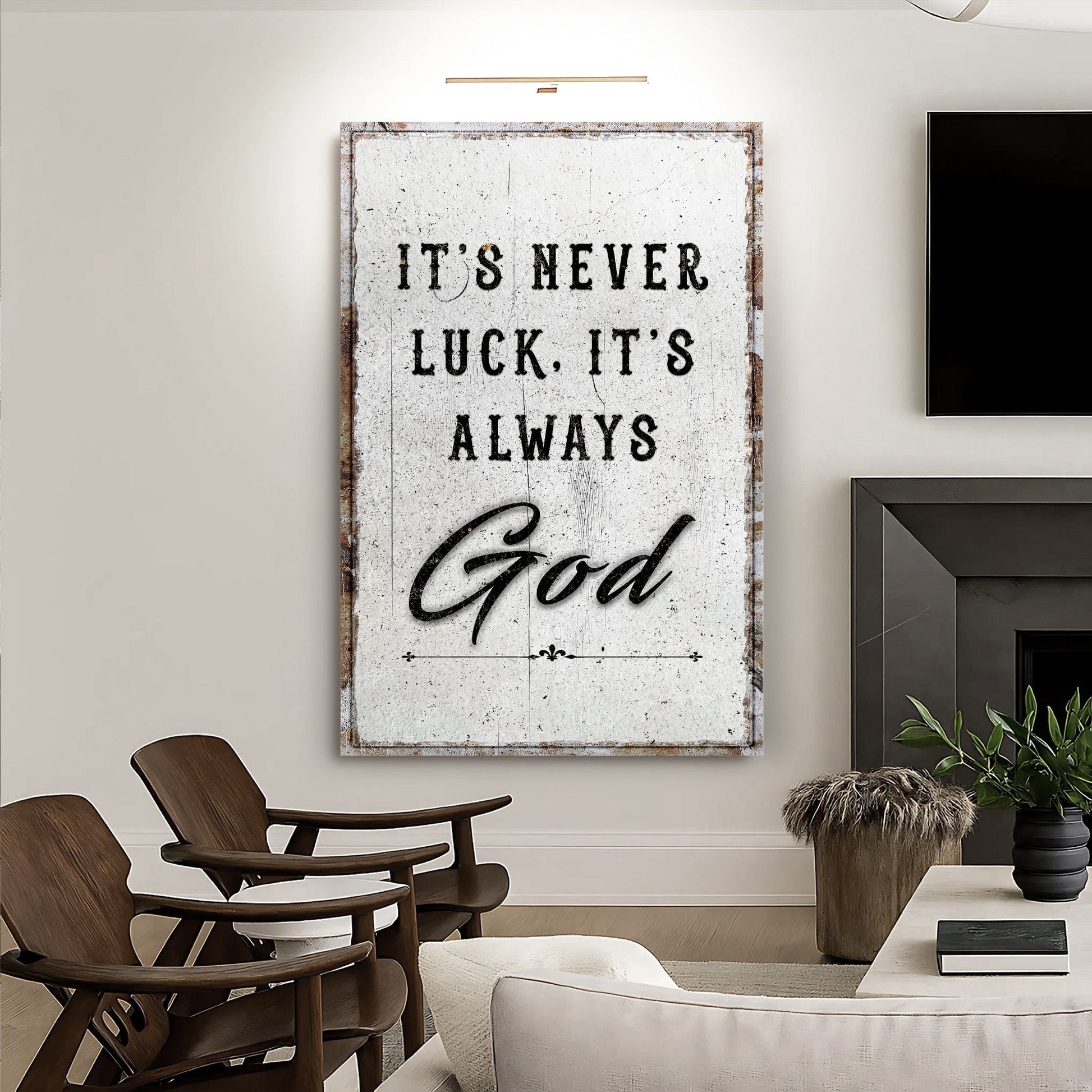 It's Never Luck, It's Always God – Christian Canvas Wall Art - The Mustard SeedIt's Never Luck, It's Always God – Christian Canvas Wall ArtThe Mustard SeedThe Mustard SeedNON-4622-A-370It's Never Luck It's Always God faith wall art in a living room with rattan chairsCanvas