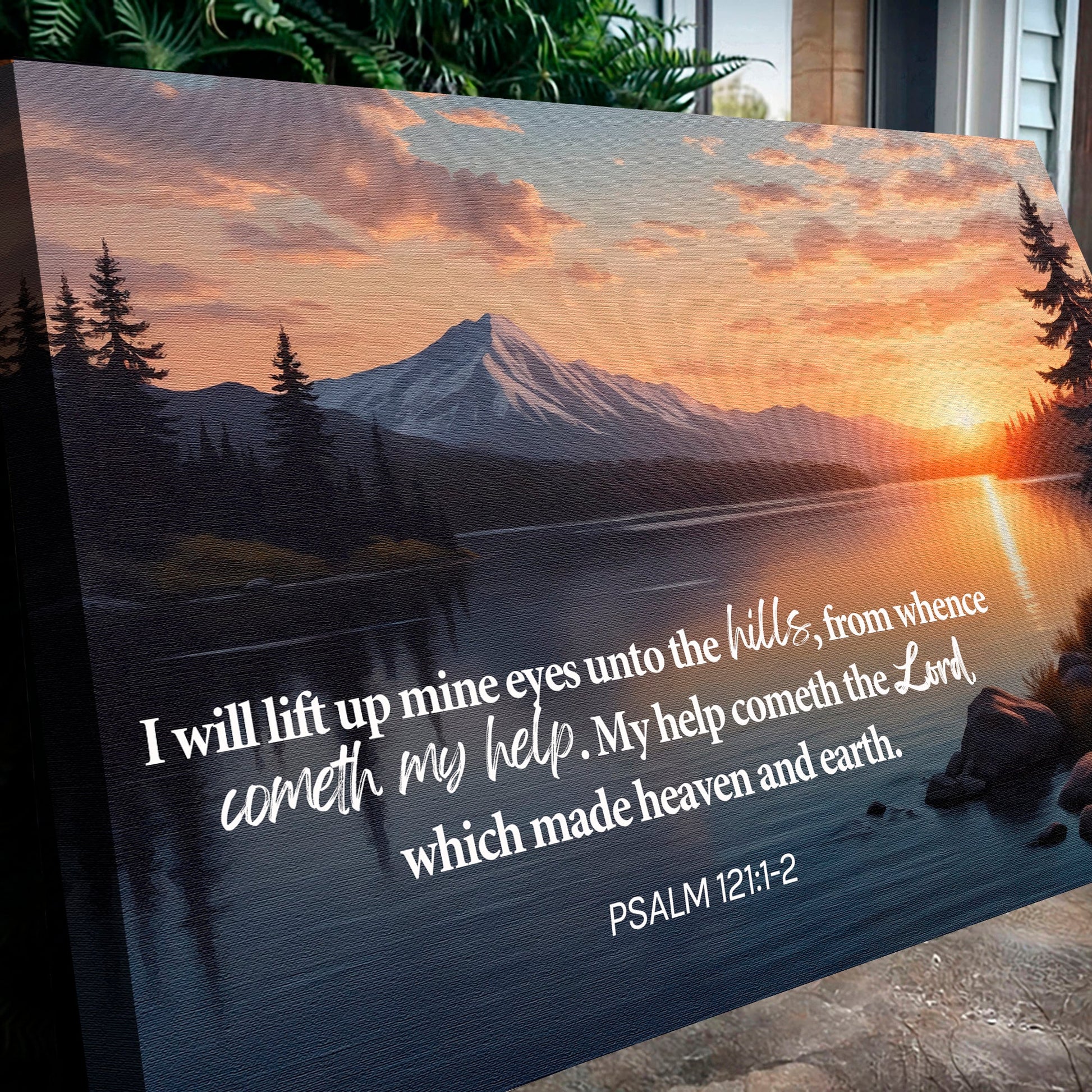 Psalm 121:1-2 - A Song Of Ascents Faith Wall Sign - The Mustard SeedPsalm 121:1-2 - A Song Of Ascents Faith Wall SignThe Mustard SeedThe Mustard SeedNON-4639-A-376Canvas print with a sunset over a mountain lake and a biblical quote.Canvas