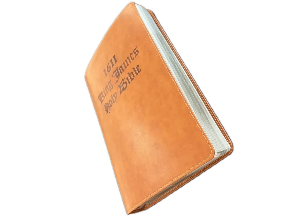 King James 1611 Bible tan, held in hands