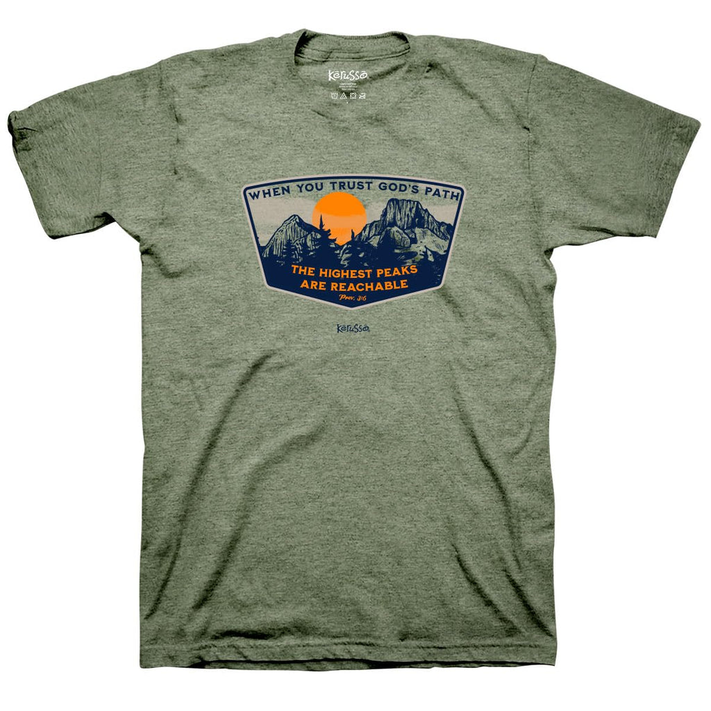Kerusso When You Trust Gods Path The Highest Peaks are Reachable Heather Military Green Cotton Crew Neck T-Shirt Medium
