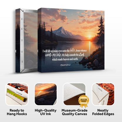 Psalm 121:1-2 - A Song Of Ascents Faith Wall Sign - The Mustard SeedPsalm 121:1-2 - A Song Of Ascents Faith Wall SignThe Mustard SeedThe Mustard SeedNON-4639-A-376Psalm 121:1-2 canvas wall art showing a mountain lake sunset, with front and back views and features including ready-to-hang hooks, UV ink, museum-grade canvas, and folded edgesCanvas