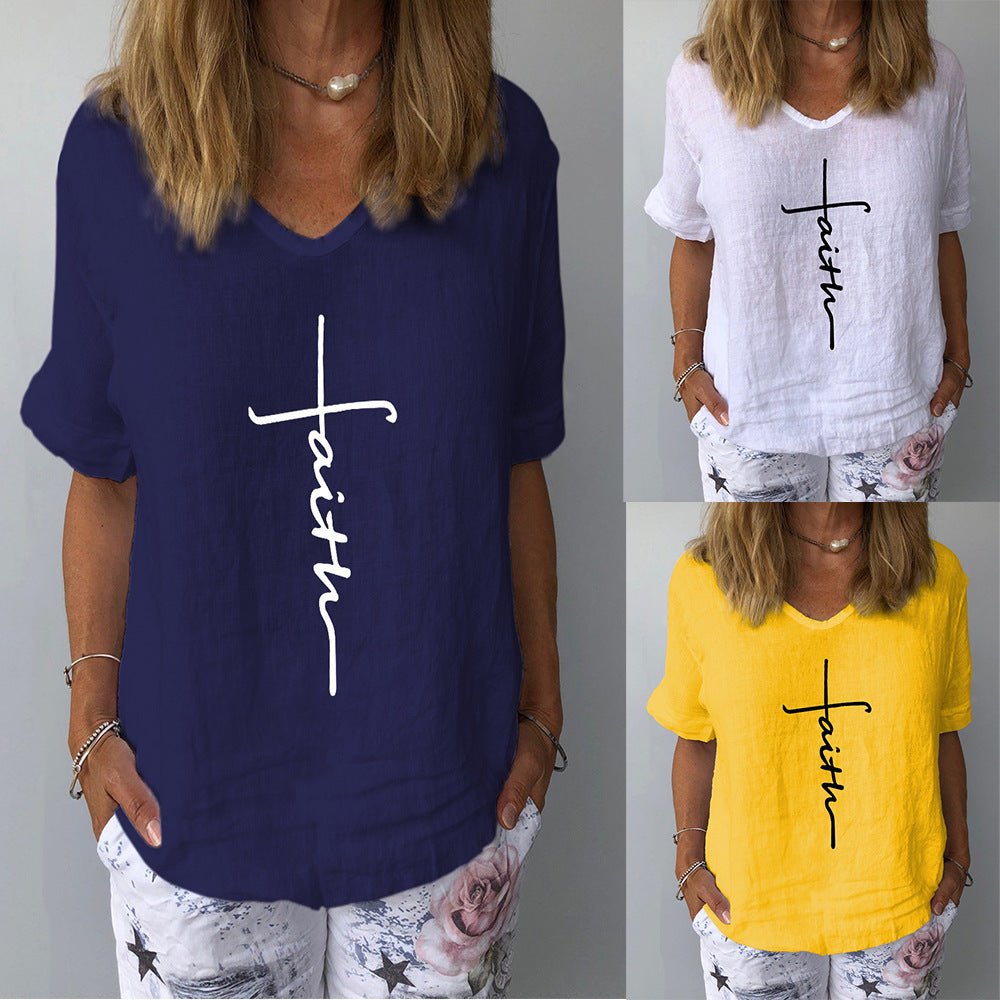 Women's Printed Cotton Linen Shirt — Relaxed V-Neck Top - The Mustard SeedWomen's Printed Cotton Linen Shirt — Relaxed V-Neck TopTeem DropThe Mustard SeedSU00349983-Grey-SWomen's Printed Cotton Linen Shirt — Relaxed V-Neck TopClothing