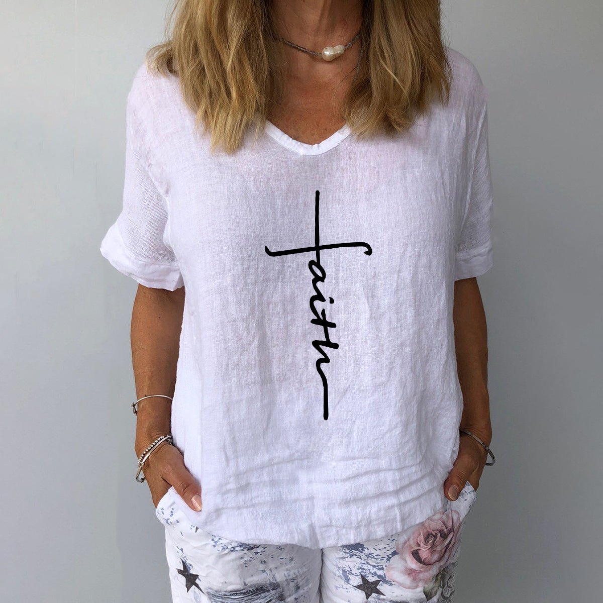 Women's Printed Cotton Linen Shirt — Relaxed V-Neck Top - The Mustard SeedWomen's Printed Cotton Linen Shirt — Relaxed V-Neck TopTeem DropThe Mustard SeedSU00349983-White-XXLWomen's Printed Cotton Linen Shirt — Relaxed V-Neck TopClothing