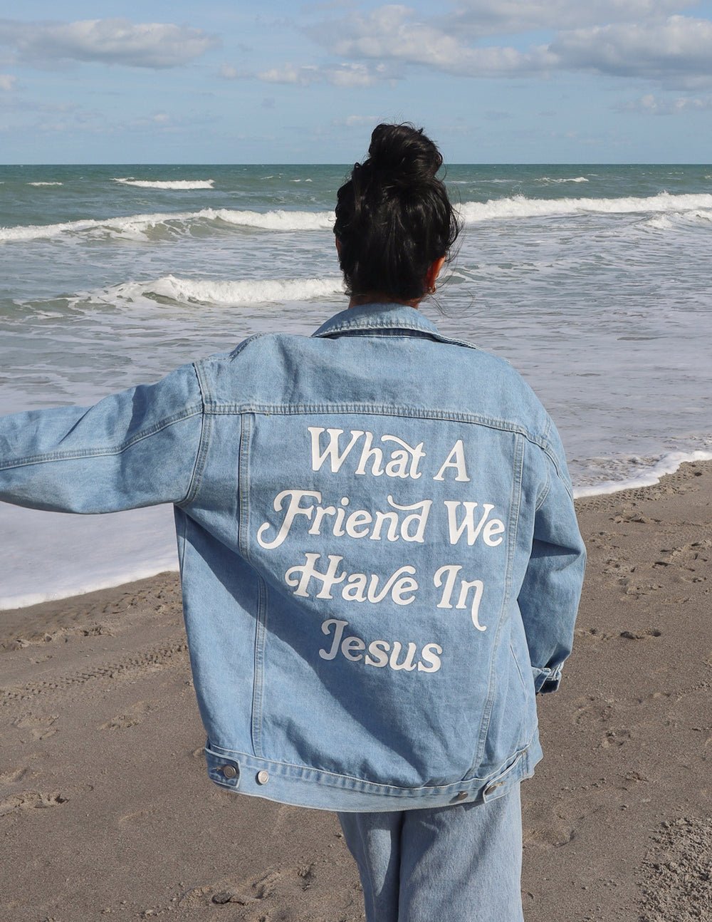 What a Friend in Jesus women's denim jacket