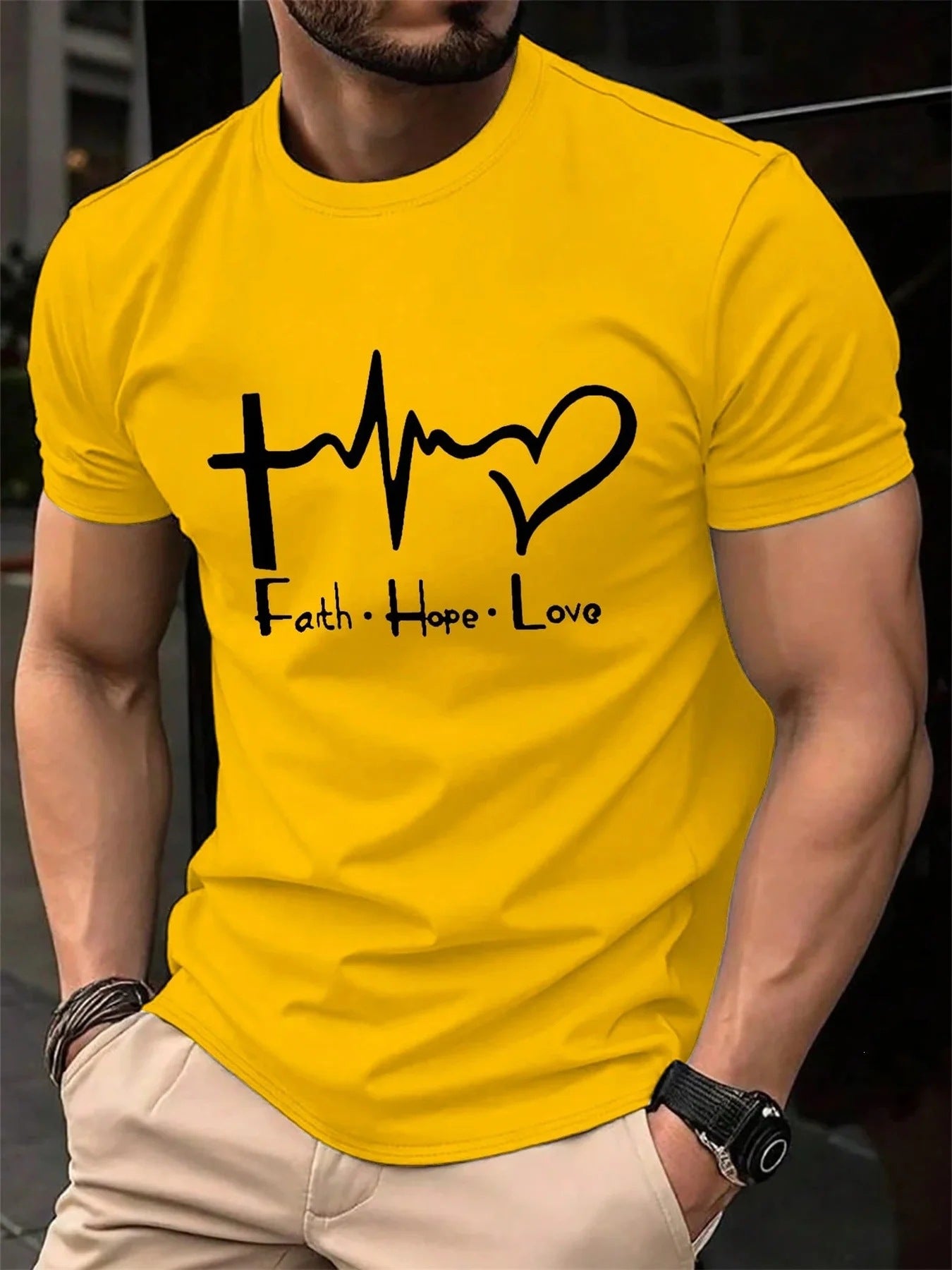 Yellow Faith Hope Love men's tee, XXL
