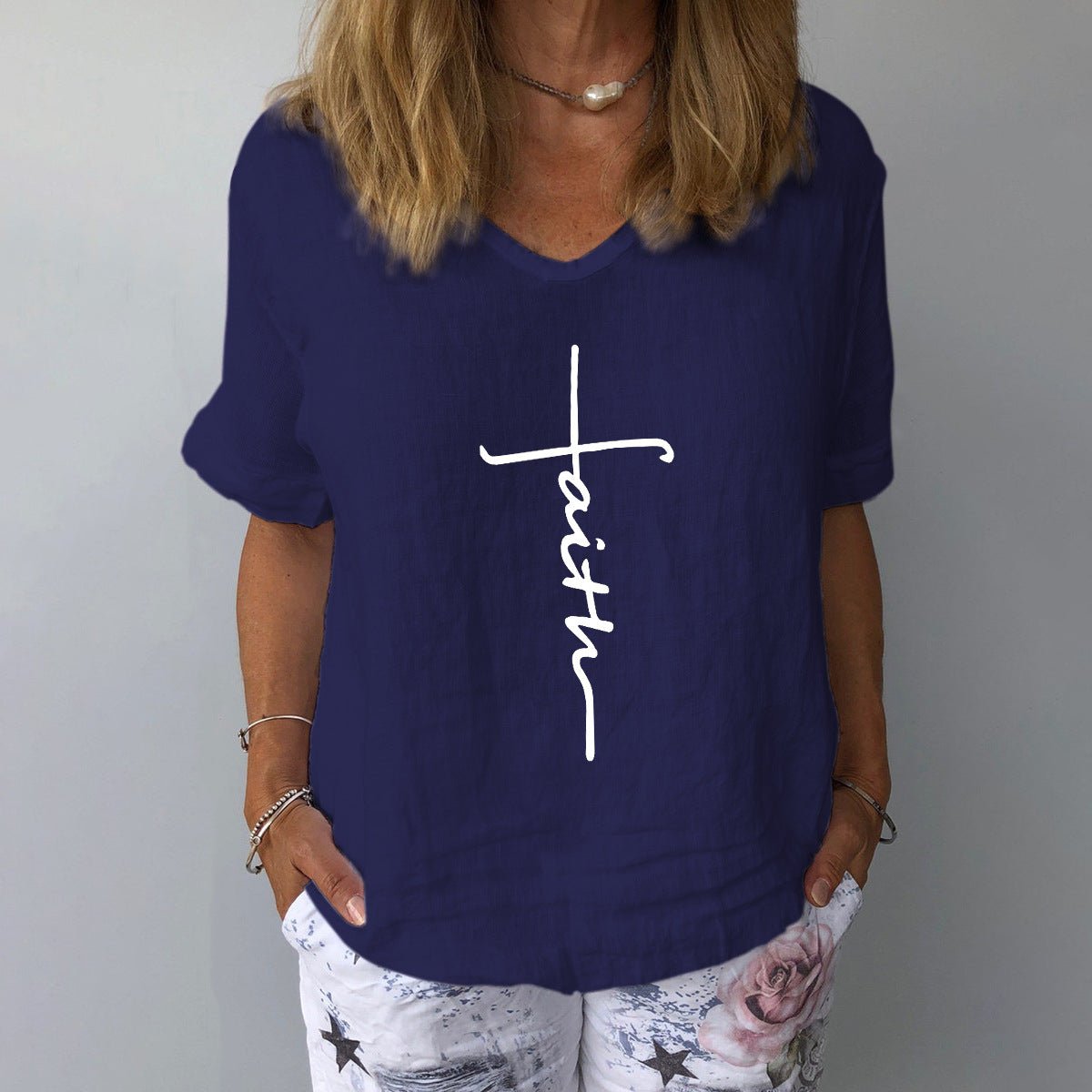 Women's Printed Cotton Linen Shirt — Relaxed V-Neck Top - The Mustard SeedWomen's Printed Cotton Linen Shirt — Relaxed V-Neck TopTeem DropThe Mustard SeedSU00349983-Navy blue-MWomen's Printed Cotton Linen Shirt — Relaxed V-Neck TopClothing