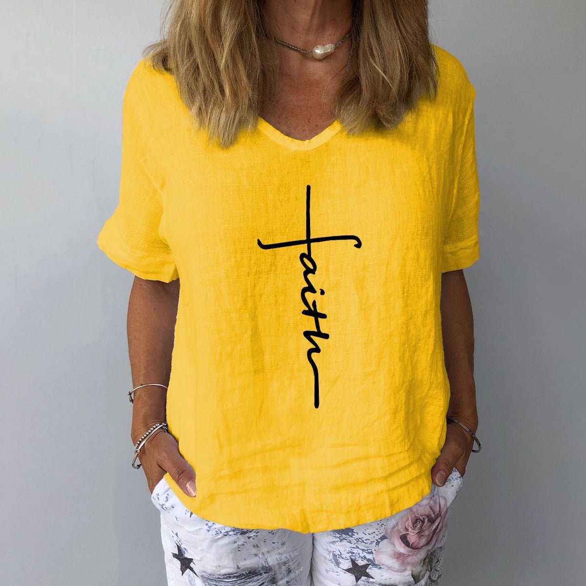 Women's Printed Cotton Linen Shirt — Relaxed V-Neck Top - The Mustard SeedWomen's Printed Cotton Linen Shirt — Relaxed V-Neck TopTeem DropThe Mustard SeedSU00349983-Yellow-SWomen's Printed Cotton Linen Shirt — Relaxed V-Neck TopClothing