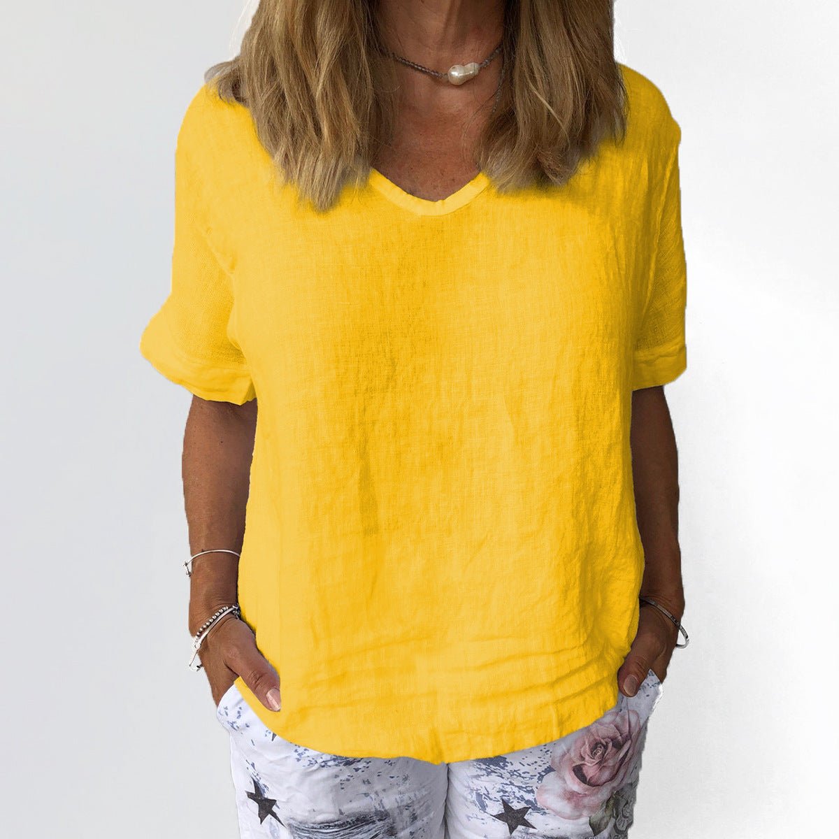 Women's Printed Cotton Linen Shirt — Relaxed V-Neck Top - The Mustard SeedWomen's Printed Cotton Linen Shirt — Relaxed V-Neck TopTeem DropThe Mustard SeedSU00349983-Grey-SWomen's Printed Cotton Linen Shirt — Relaxed V-Neck TopClothing