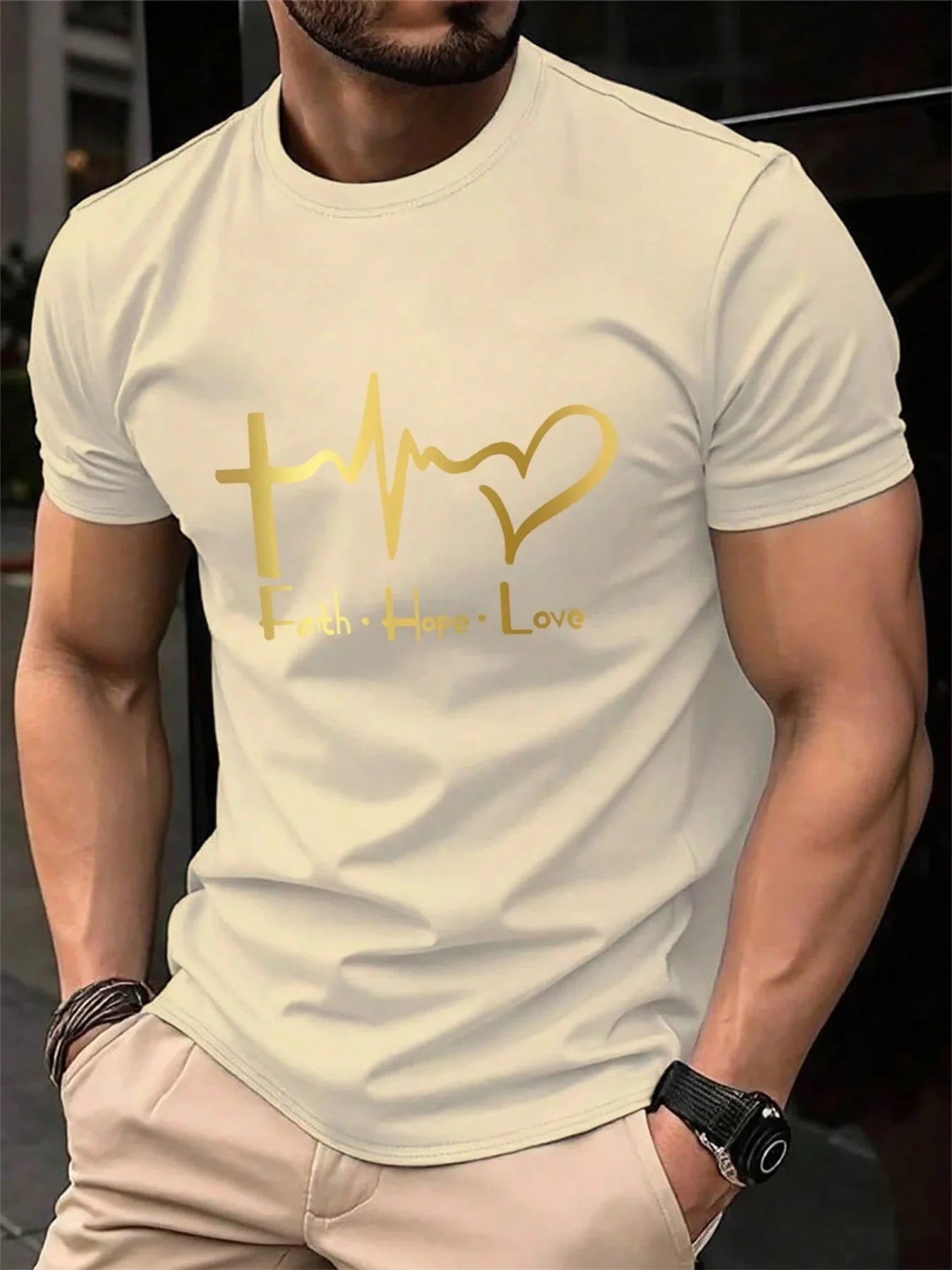 Beige Faith Hope Love printed tee for men, 3XL