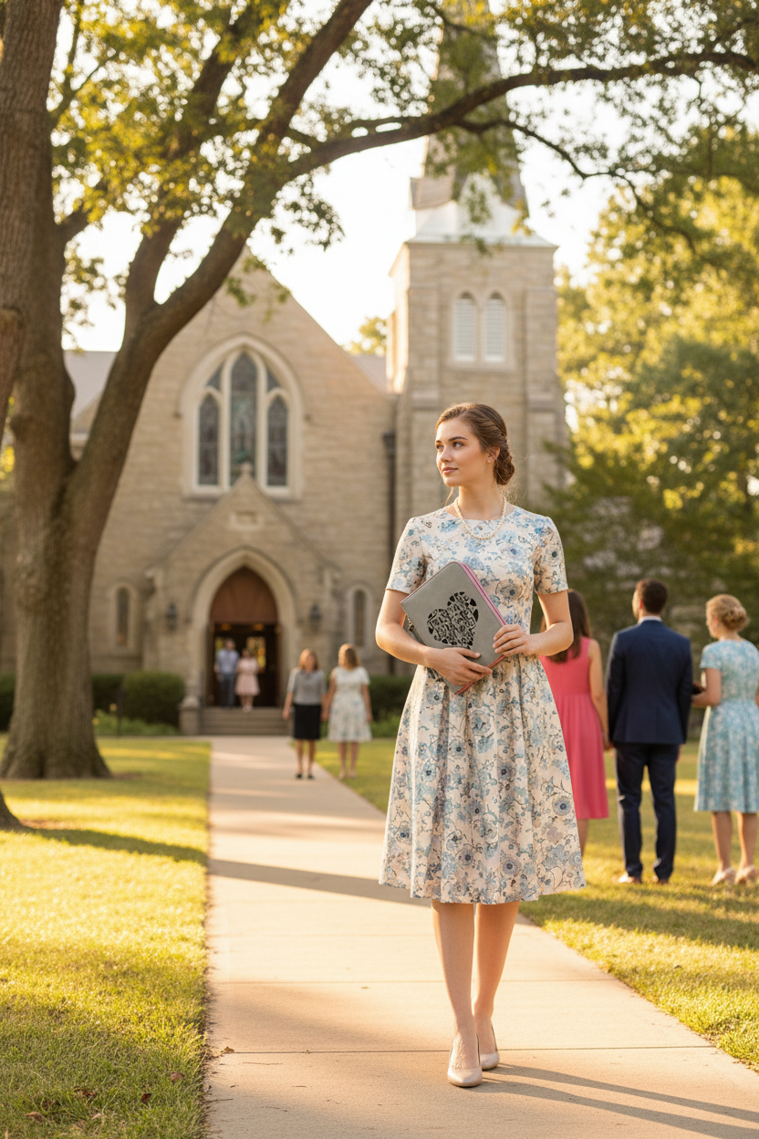 Young woman walking to church with Trust in the Lord Bible cover lifestyle shot