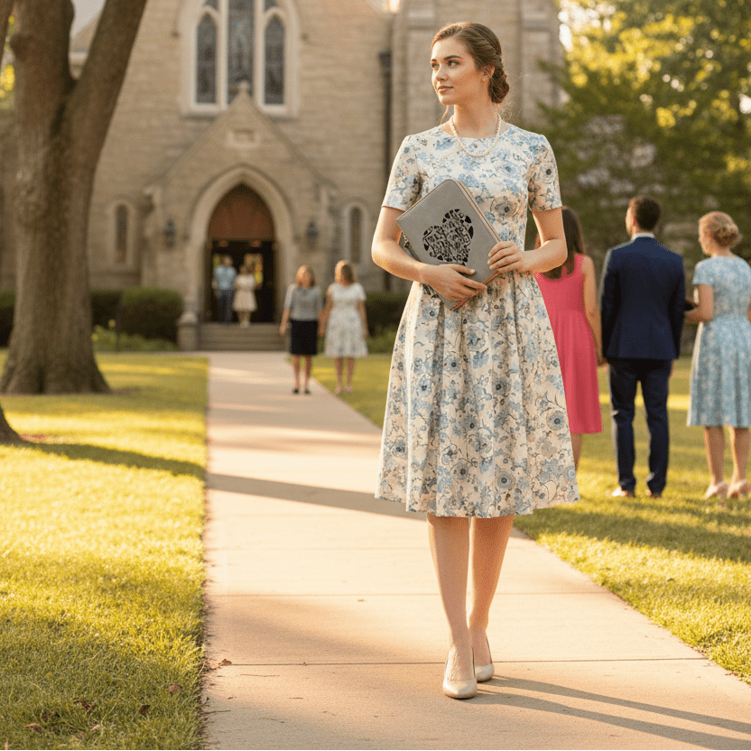 Young woman walking to church with Trust in the Lord Bible cover