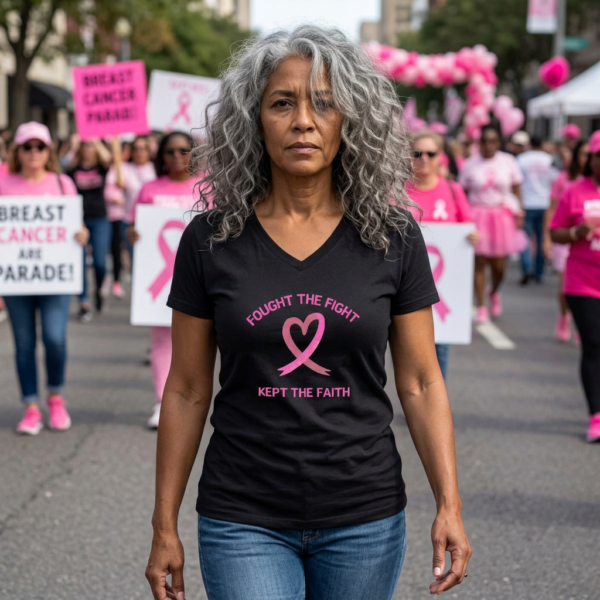 20261025021417-1f1d019c-7d6e-6d6e-83d3-5ab9a1ebe5a8.png Fought the Fight, Kept the Faith — Breast Cancer Awareness V-Neck Tee