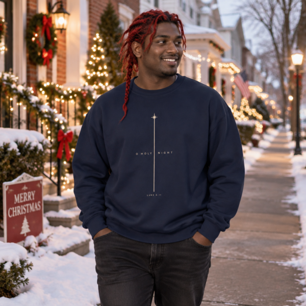 O Holy Night minimalist Christian Christmas sweatshirt lifestyle view