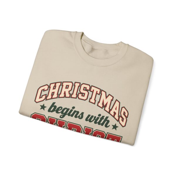 5779213018624189000_2048.jpeg Christmas Begins with Christ Vintage Varsity Christian Sweatshirt