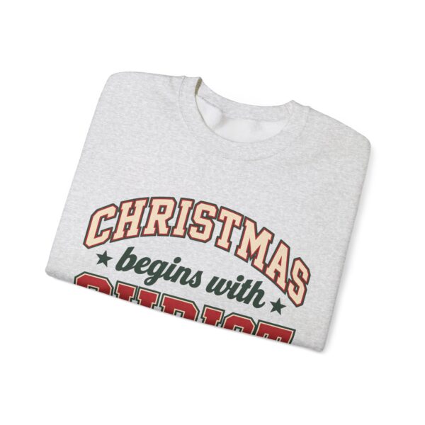 8018068193601191685_2048.jpeg Christmas Begins with Christ Vintage Varsity Christian Sweatshirt